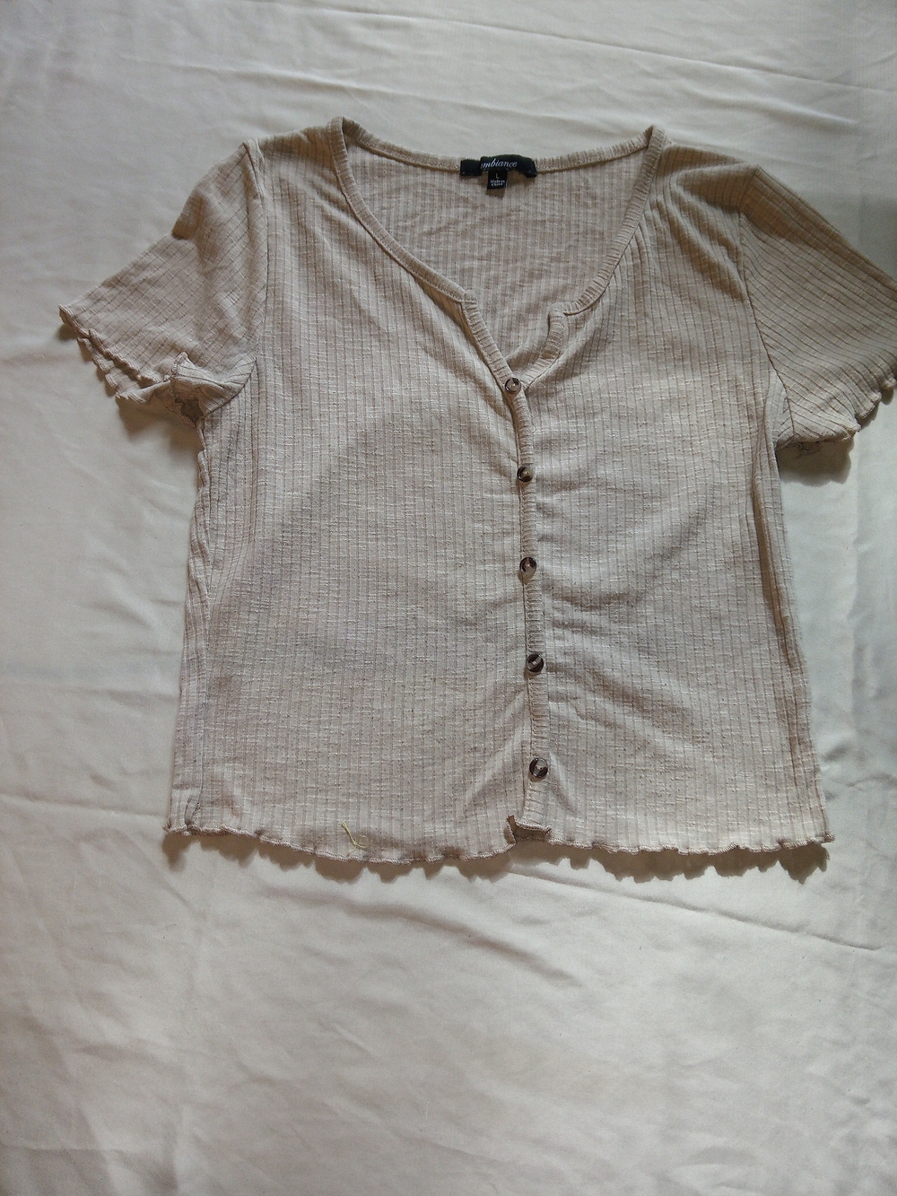 Ribbed Button-Front Crop Top in Light Beige